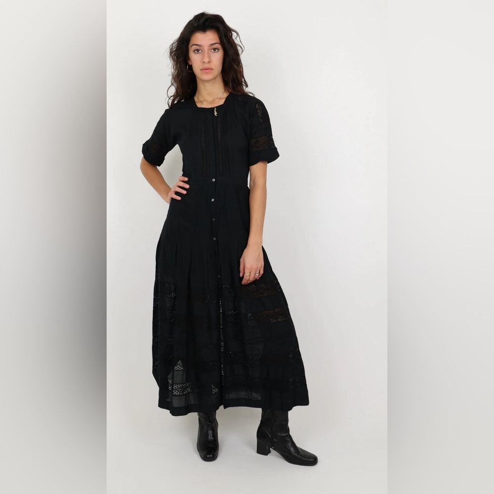 Love shack fancy black button down dress w crochet trim